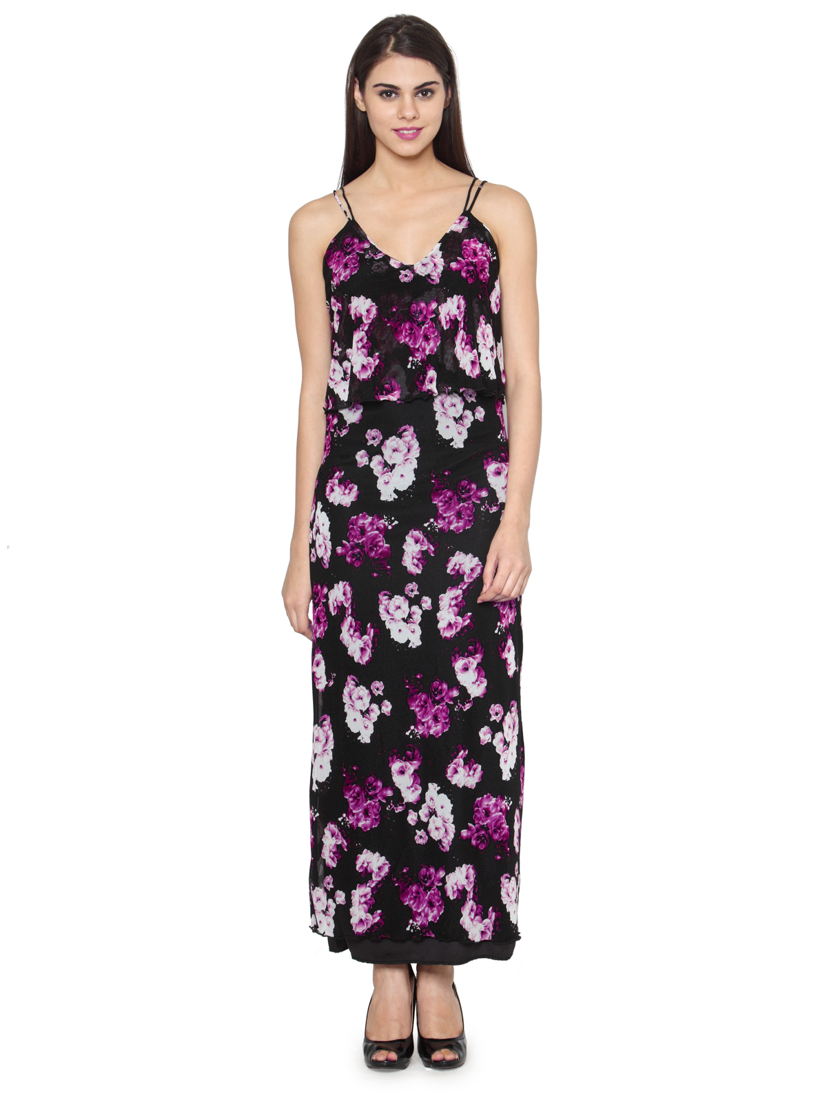 Keep it Classy Black and Violet printed maxi dress